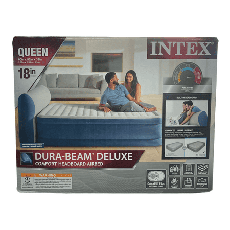 Intex Dura-Beam Deluxe 18  Queen Airbed w/Pump & Ultra Plush Headboard  Blue