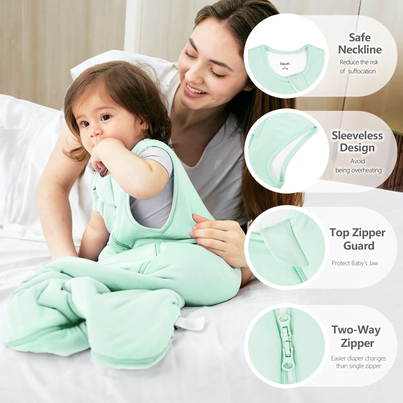 Easyfi 0.5 Tog Baby Sleep Sack 12-18M Summer Bamboo Sleeping Bags Lightweight & Breathable, 2-Way Zip Baby Wearable Blanket