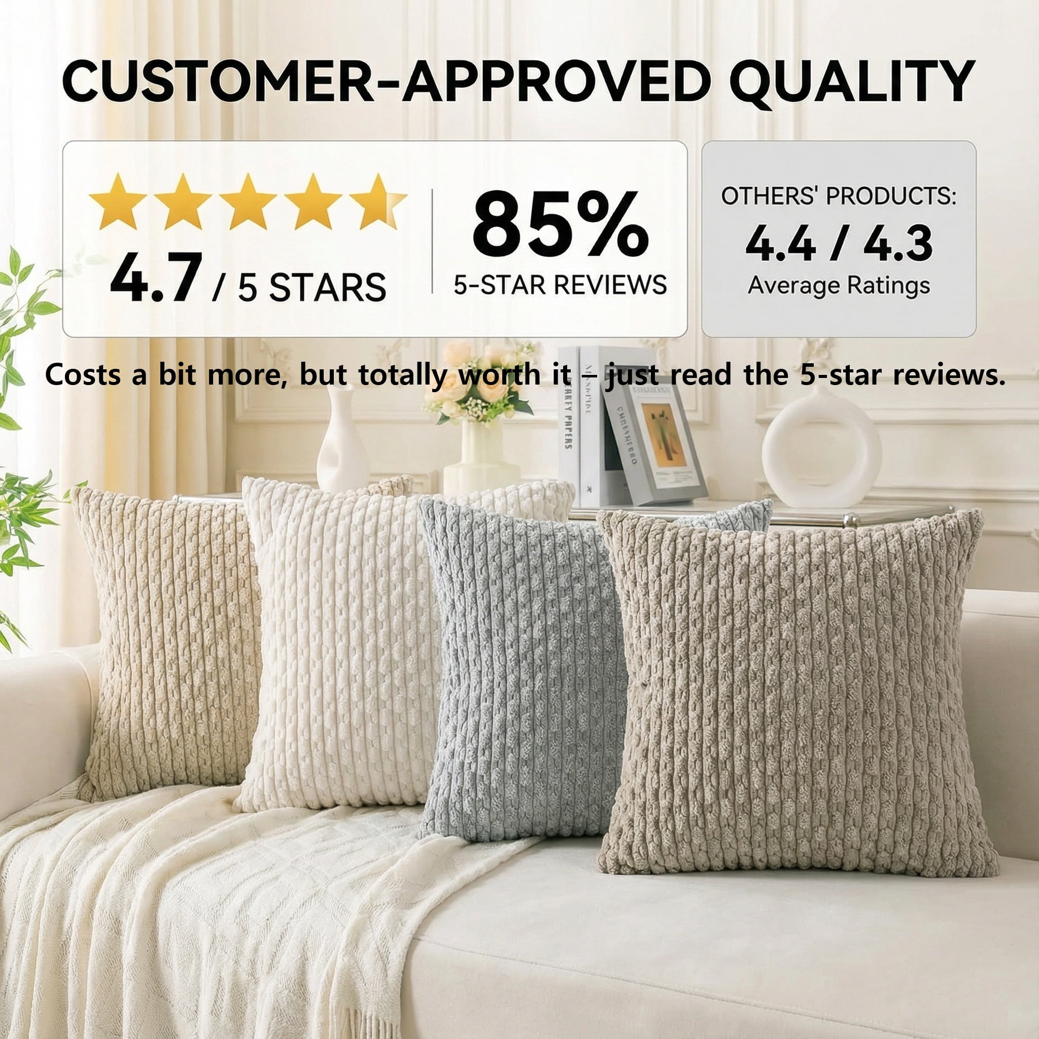 HAPPINESS 4 Pack Decorative Throw Pillow Covers, 18x18 Inch Soft Plush Striped Corduroy Couch Pillow Covers, Beige Brown Coffee