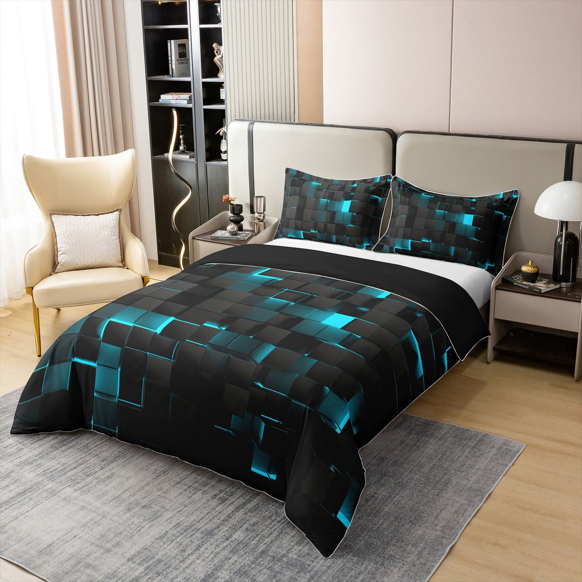 Erosebridal Teal Black Bedding Sets Twin,Neon Turquoise Geometric Check 100% Cotton Comforter Cover Stereoscopic Abstract Plaid Grids Duvet Cover Geometry Square Quilt Cover