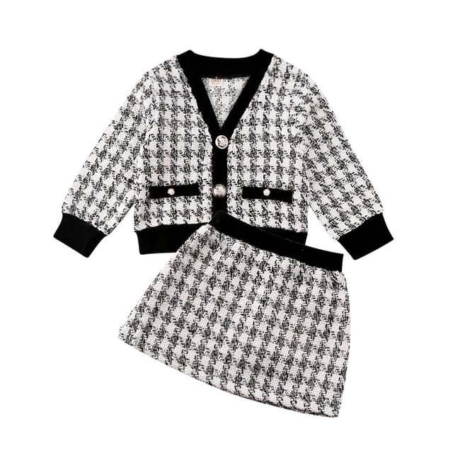 Kids Baby Girl Clothes V-Neck Button Plaid Coat Tops+Skirt Formal Outfit Set