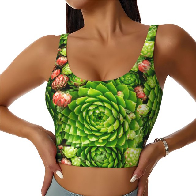 Fotbe Cactus And Succulents Sujetador Deportivo Largo sin Aros para Mujer con Almohadillas y Soporte Medio, Transpirable y Absorbente, Camiseta Tipo Chaleco o Tank Top-X-Large