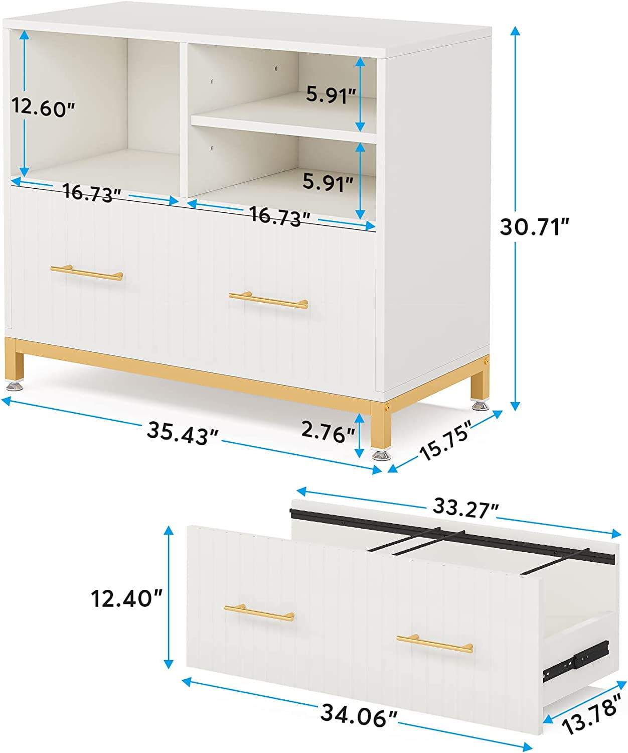 Lateral File Cabinet with Drawer, White Filing Cabinet with Adjustable Hanging Rod for Letter/Letter/A4 Size Files, 35.4" Wood Modern Printer Stand with Open Storage Spaces for Home Office