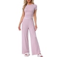 thumbnail image 2 of Conjuntos de pijama para mujer INSPIRE CHIC, camiseta de manga corta de punto, pantalones anchos de pierna larga con volantes, atuendos de 2 piezas, conjuntos de lounge PJ, XS, rosa, 2 of 6