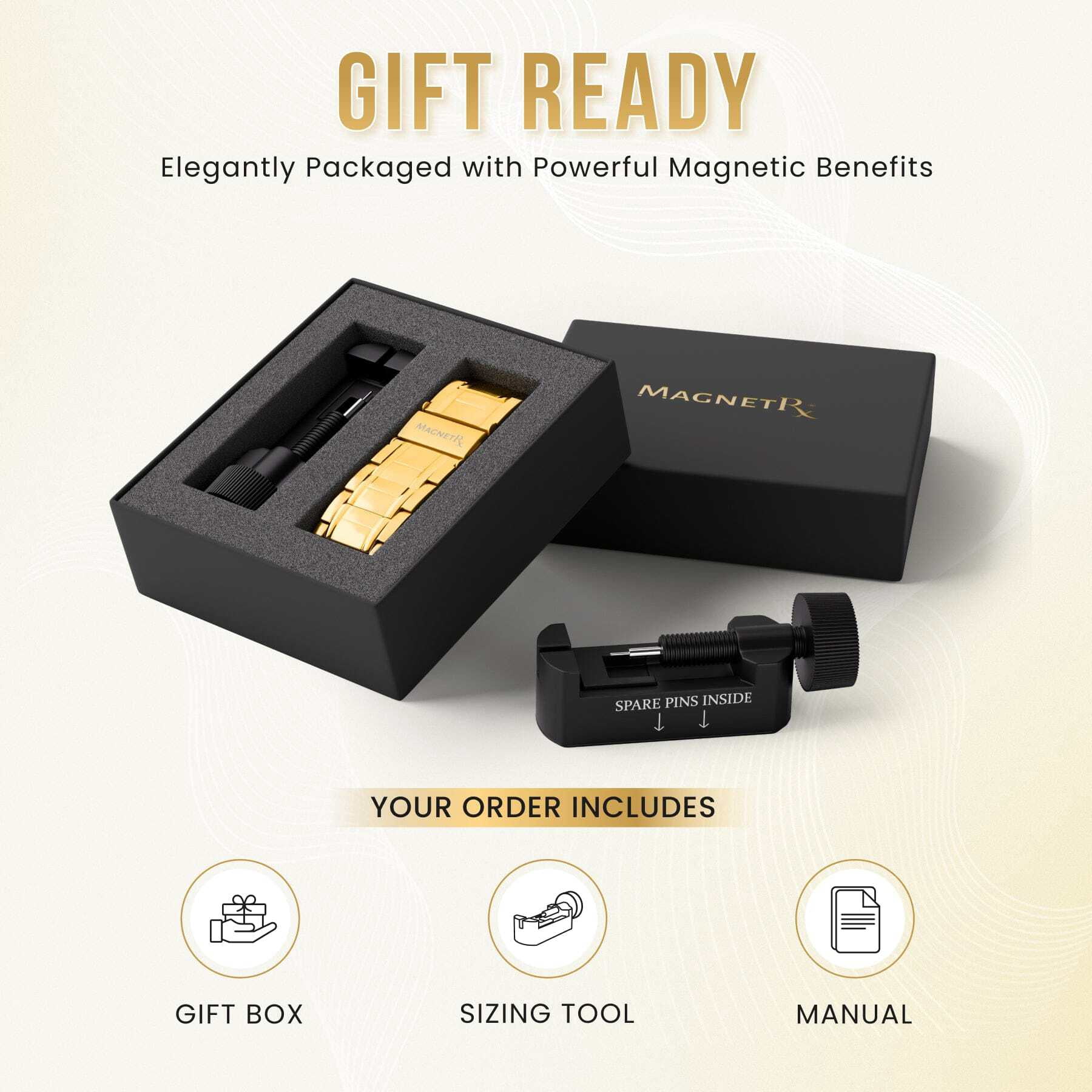 MagnetRX® 3X Strength Titanium Magnetic Bracelet – Magnetic Bracelets for Men – Premium Fold-Over Clasp & Adjustable Length with Sizing Tool (Gold)