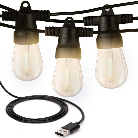 Ambience Pro USB Powered String Lights - 24 Ft Commercial Grade Waterproof String Lights - Outdoor Shatterproof Patio Lights for Camping, Backyard, Porch, Christmas - 1W 12 Bulbs, Warm White