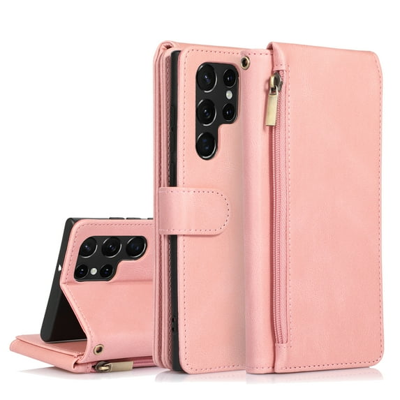 SaniMore Samsung Galaxy S23 Ultra Case (6.8" 2023) with Zipper Wallet & Wrist Strap & Magnetic Closure Card Slots Kickstand Slim Full-around Protective Business Cover for Galaxy S23 Ultra, Rosegold