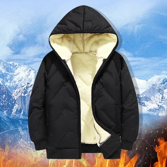 HUAXUN-Boys Winter Fleece Lined Hooded Jacket Thickened Warm Coat For Children 3-14 Years Cold Weather Outdoor Windproof Embossed Design With Adjustable Hood And Ribbed Cuffs(Black,6-7 Years)