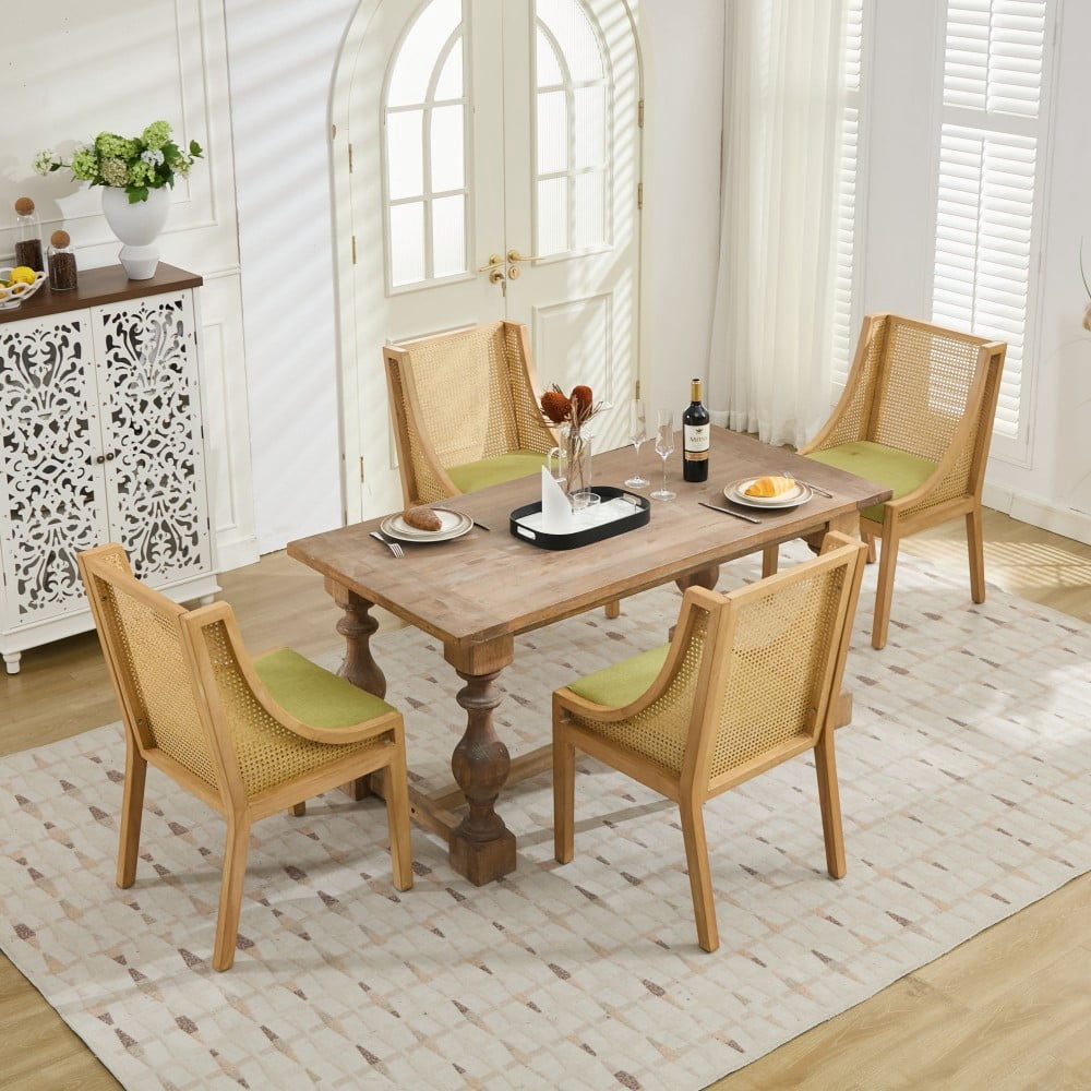 Rattan Dining Chair with Arms, Solid Wood Frame, Linen Upholstered Seat, Rustic Farmhouse Side Chair for Kitchen, Dining Room, Living Room, Olive Green