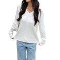 thumbnail image 2 of Women Long Sleeve Cable Knit Sweater Fashion V Neck Fitted Pullover Top Business Casual Fall Outfits White XL, 2 of 7
