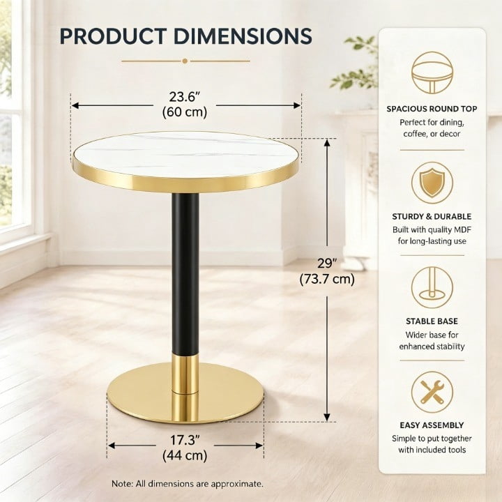 23.6" Round Light Luxury Coffee Table, UV Paint MDF Marble Texture Countertop with Stainless Steel Edging, Sturdy Metal Leg Side Table for Living Room Bedroom Entryway Office