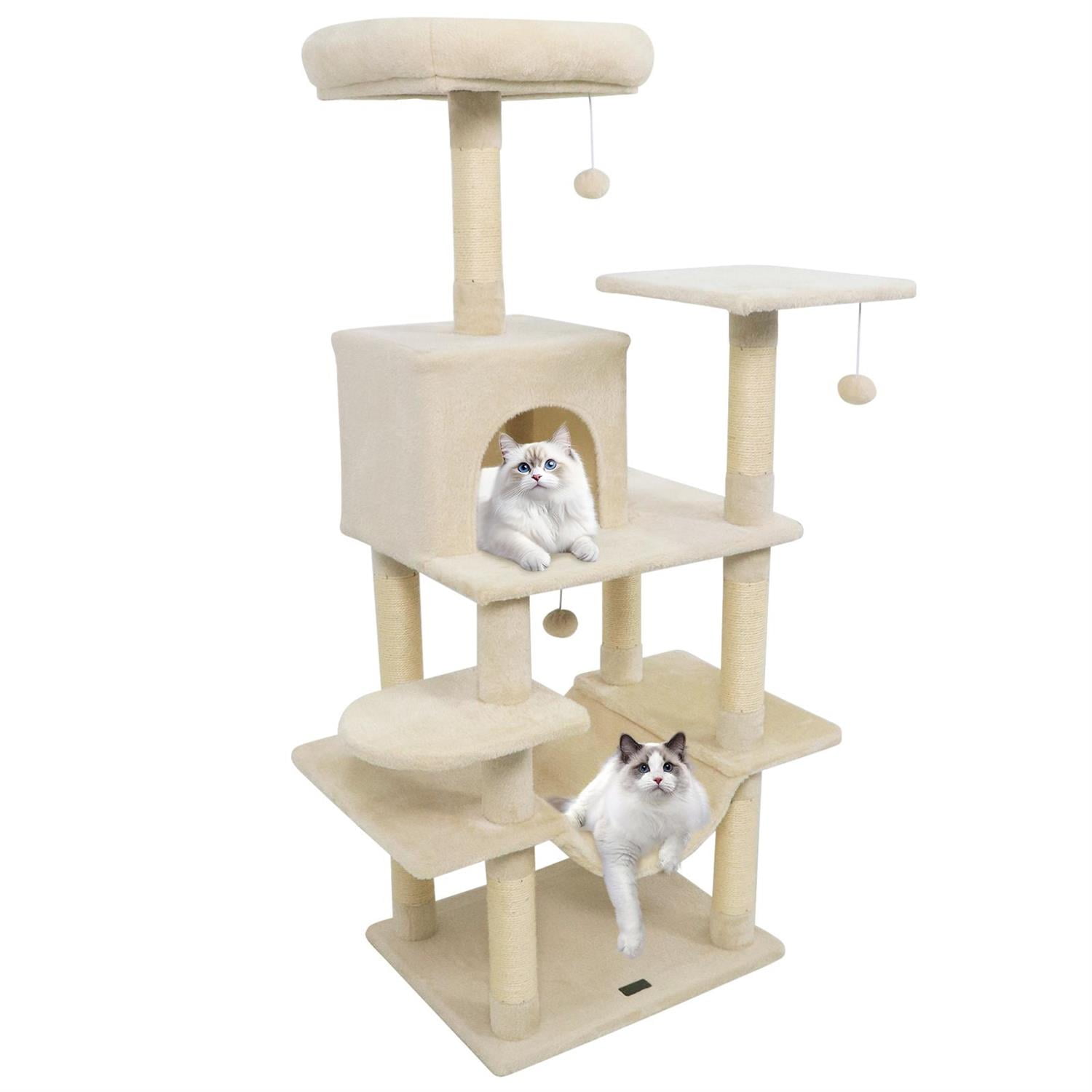 Pefilos 58" Multi-Level Cat Tree, Soft Plush & Padded Top Perch, Condo & Sisal Scratching Posts, Beige