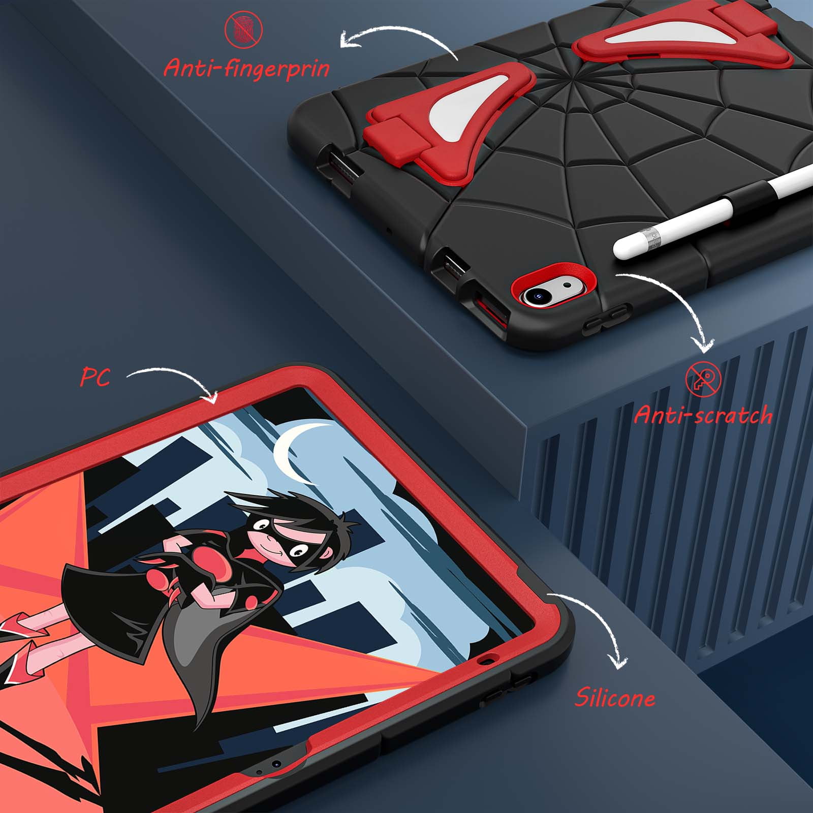 Dteck iPad 10th Generation Case iPad 10.9 Case 2022 New iPad 10th Gen Case for Kids 10.9 Inch Shockproof Protective Cover with Pencil Holder & Shoulder Strap & Kickstand for Kids Children,Black + Red