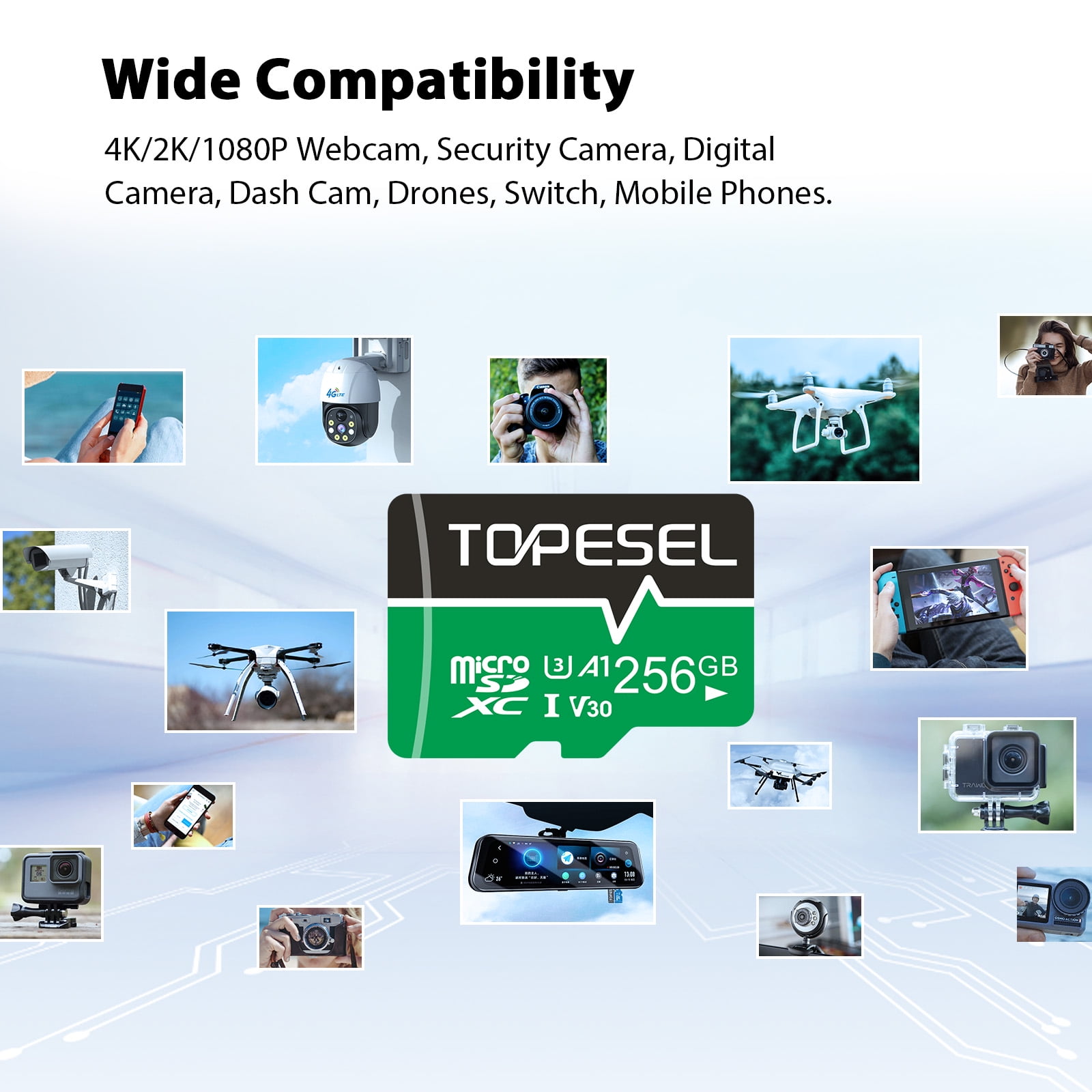 256GB Micro SD Card with Adapter TOPESEL Memory Cards A1 V30 U3 Class 10 TF Cards