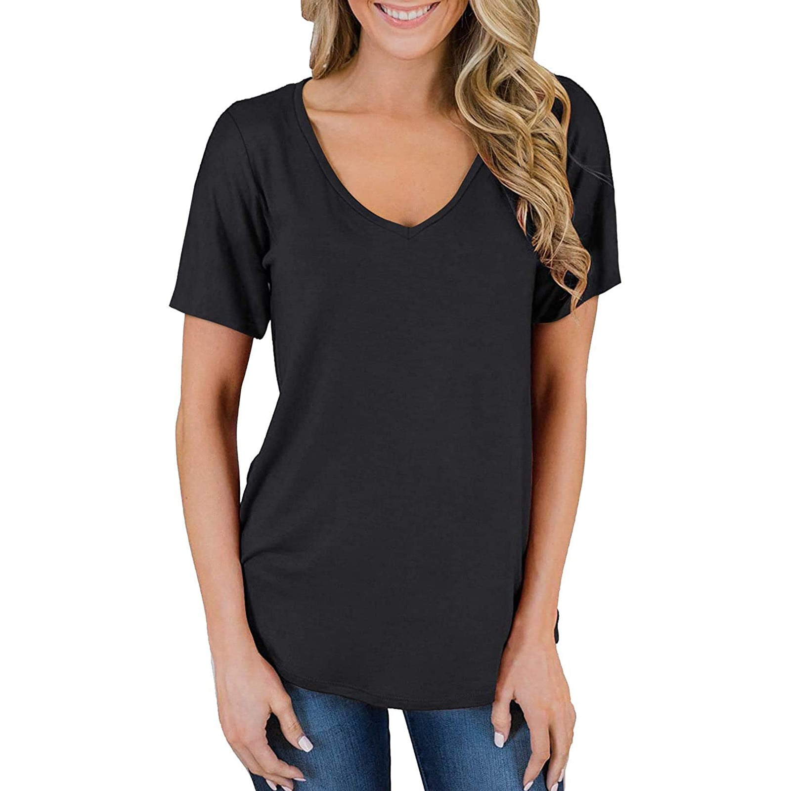 Pntutb Womens Clearance V-Neck Solid Color Loose Short-Sleeved T-Shirt ...