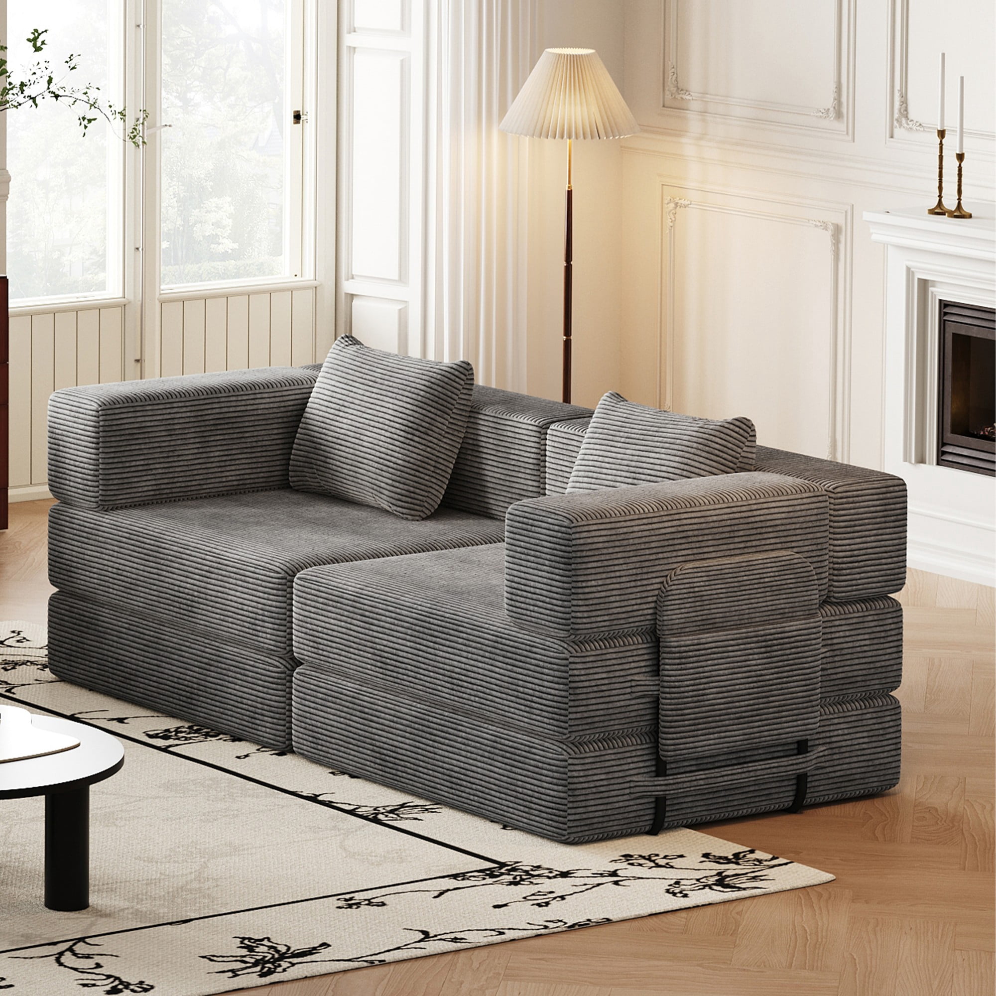 72" Convertible Corduroy Sofa Bed,Folding Sleeper Couch with Two Side Storage Pockets & Two Cushions for Living Room,Bedroom,Grey