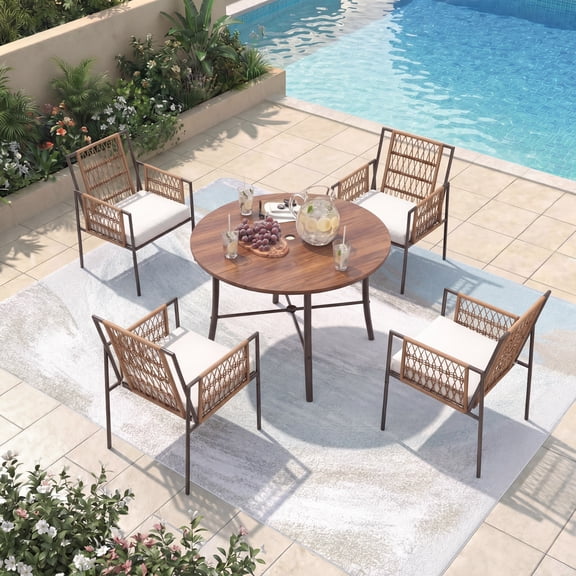 KAMEROUT 5 Pieces Outdoor Patio Dining Set with 4 Wicker Armchairs & 1 Dining Table for Backyard, Porch, Garden, Poolside, Beige Cushions