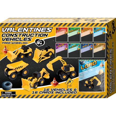 Valentine Construction Vehicle Classroom Gift Set – Mini Vehicles with Cards & Treat Bags (16-pack)