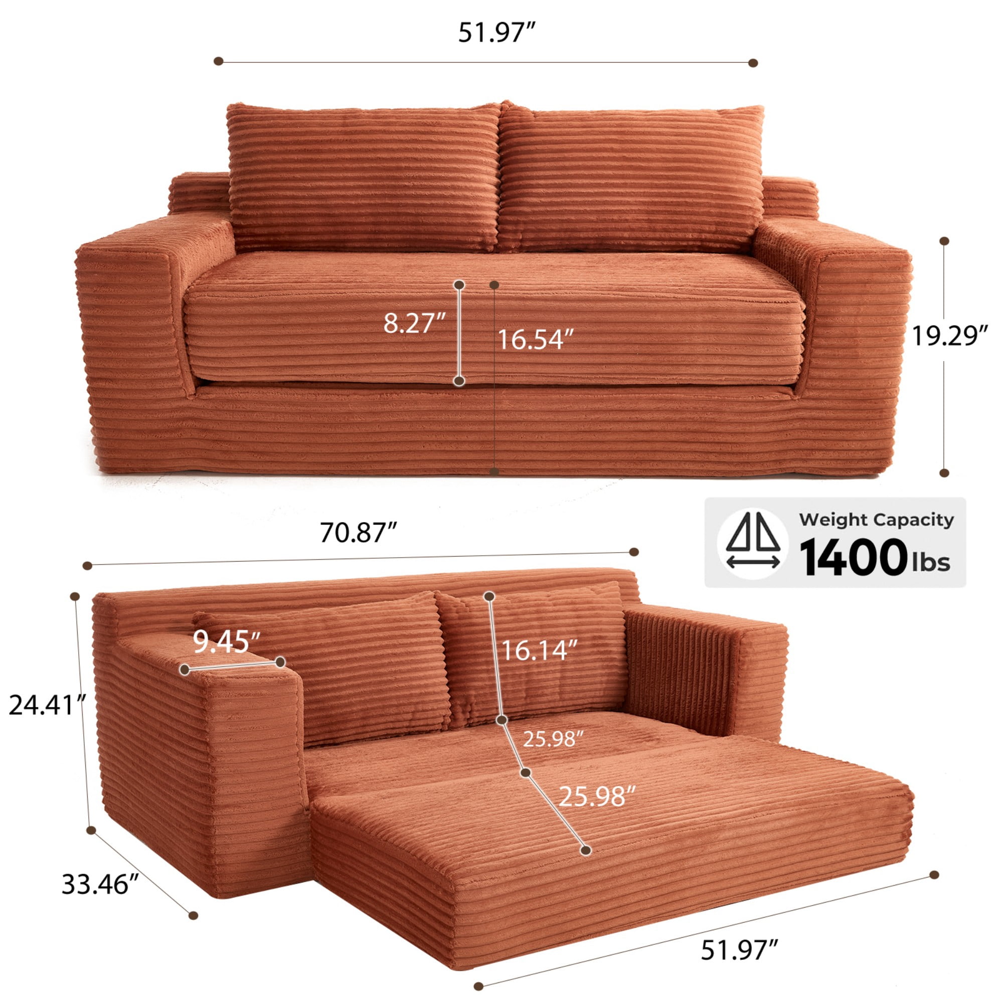 Convertible Sofa Bed,Compression Sofa,Corduroy Fabric Loveseat Sofa Floor Sofa Bed for Small Spaces, Apartments,No Assembly,Orange