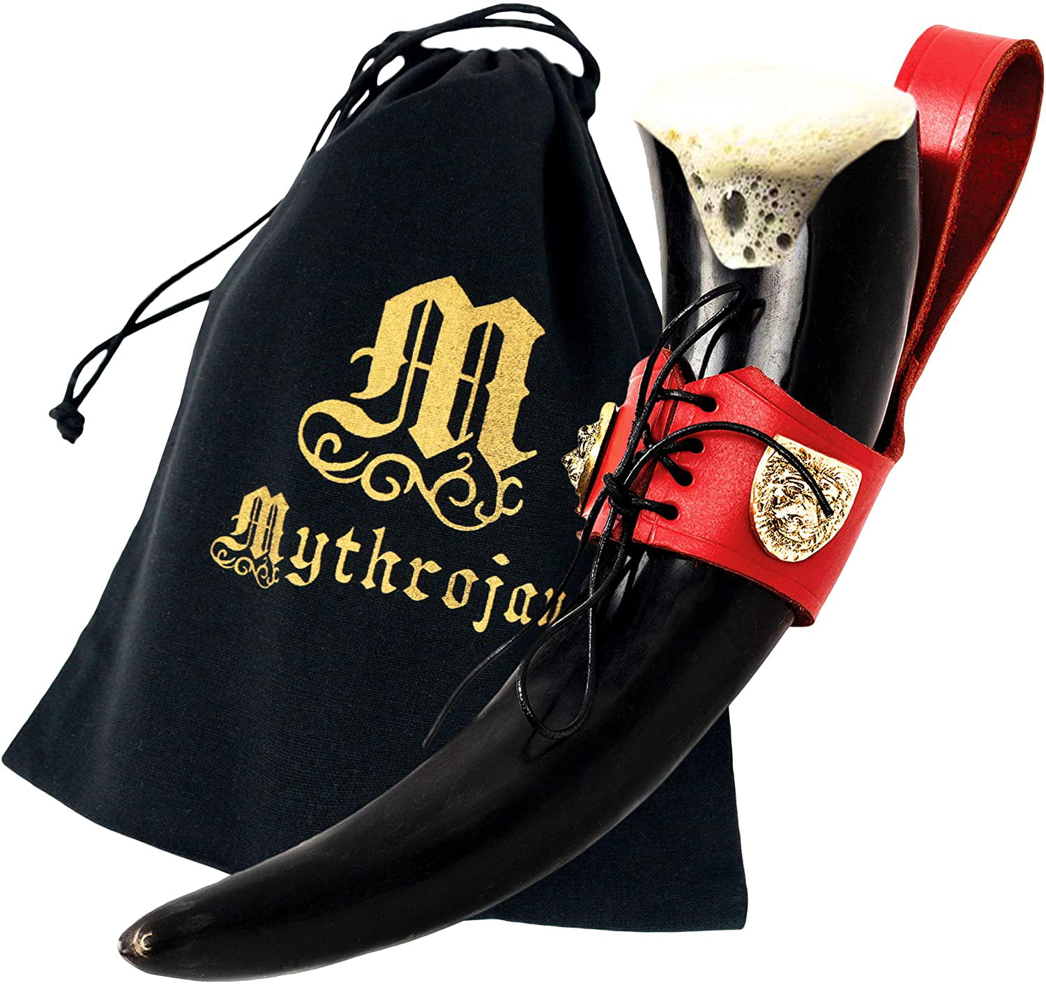 Viking Drinking Horn with Black Leather holder Authentic Medieval Inspired Viking Wine/Mead Mug Polished Finish Mythrojan THE LION ALWAYS PAYS ITS DEBTS