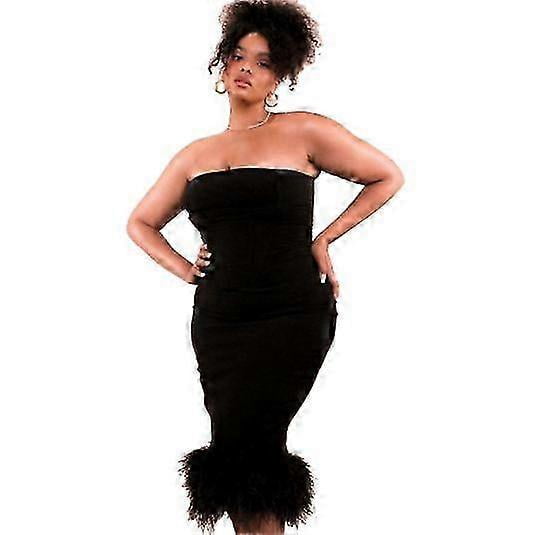 Sexy Corset Top Midi Dress With Feather Women Strapless Backless Bodycon Summer
