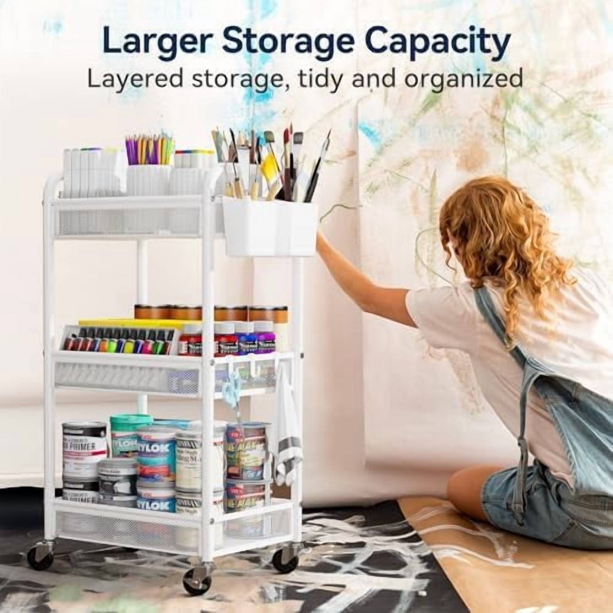 3 Tier Rolling Cart – Metal Utility Storage Carts with Wheels, Craft Carts Organizer with Hanging Cups, Hooks, Mesh Basket for Bedside Kitchen Office Art, White