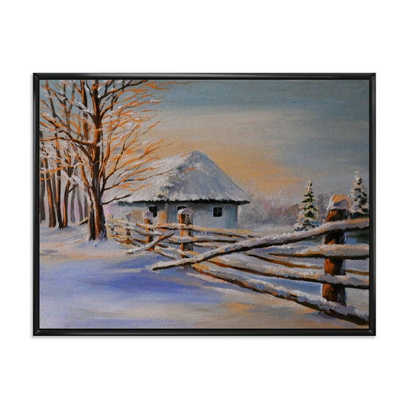 Designart 'Traditional Cottage Covered With Snow In Winter II' Traditional Framed Canvas Wall Art Print