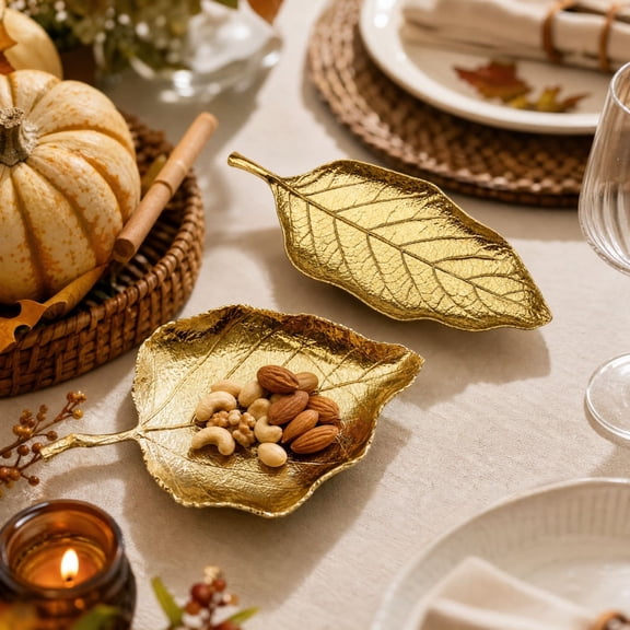 Herunwer Gold Metal Leaf Tray 1-Piece, Vintage Textured Design, Trinket Dish Style, Tabletop Storage, for Jewelry Keys and Home Decor
