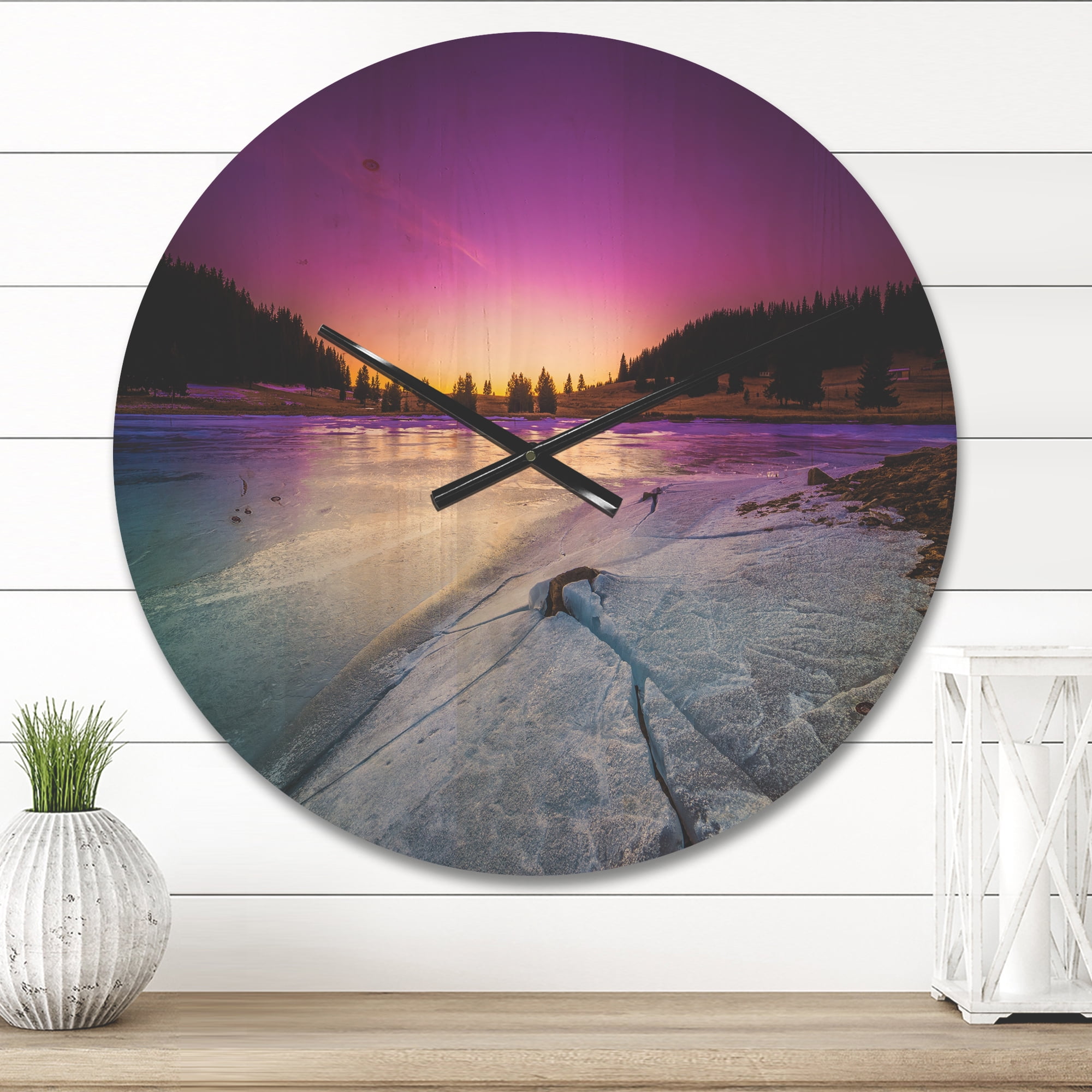 Designart 'Dawn over Frozen Lake ' Modern Wood Wall Clock