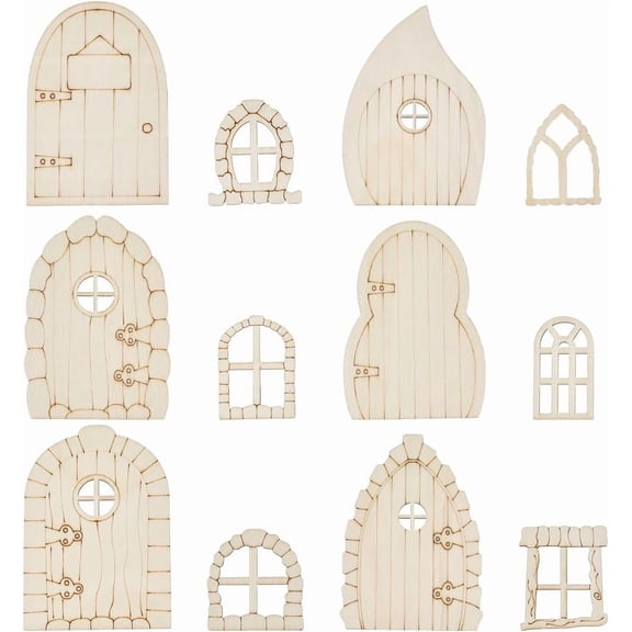 48Pcs 12 Styles Fairy Garden Wood Doors and Windows Unfinished Wooden Miniature Window Door Set Mini Unpainted Garden Decor Craft Dollhouse Accessories