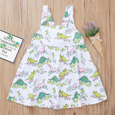 

Rewenti Toddler Kids Baby Girls Summer White Dinosaur Print Strap Dress Girl s Gift White 100(100)
