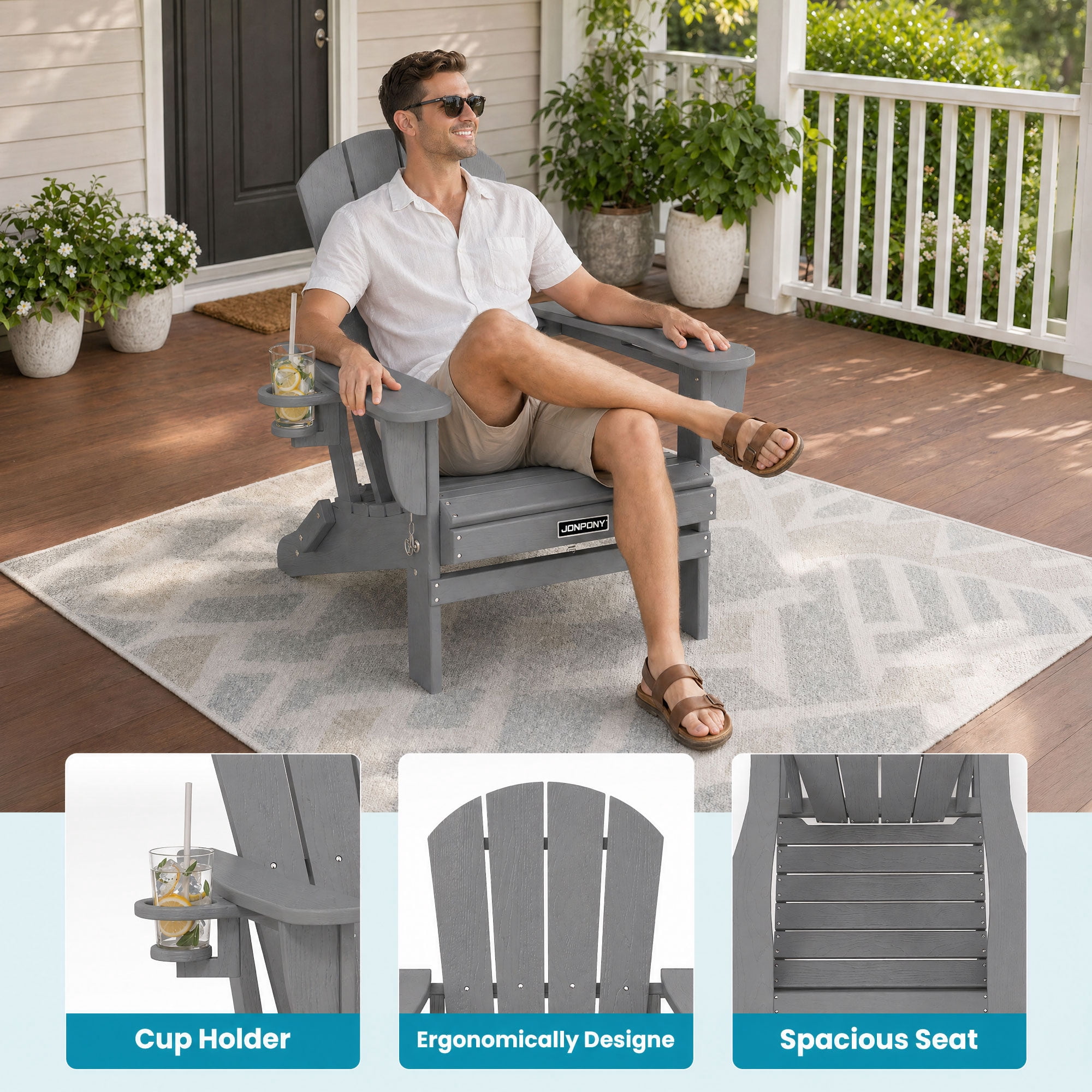 JONPONY Folding Adirondack Chair - HDPE All-Weather Outdoor Chairs, Patio Chairs Outdoor Wood Like Adirondack Chair for Backyard, Camping, Pool & Fire Pit,Grey