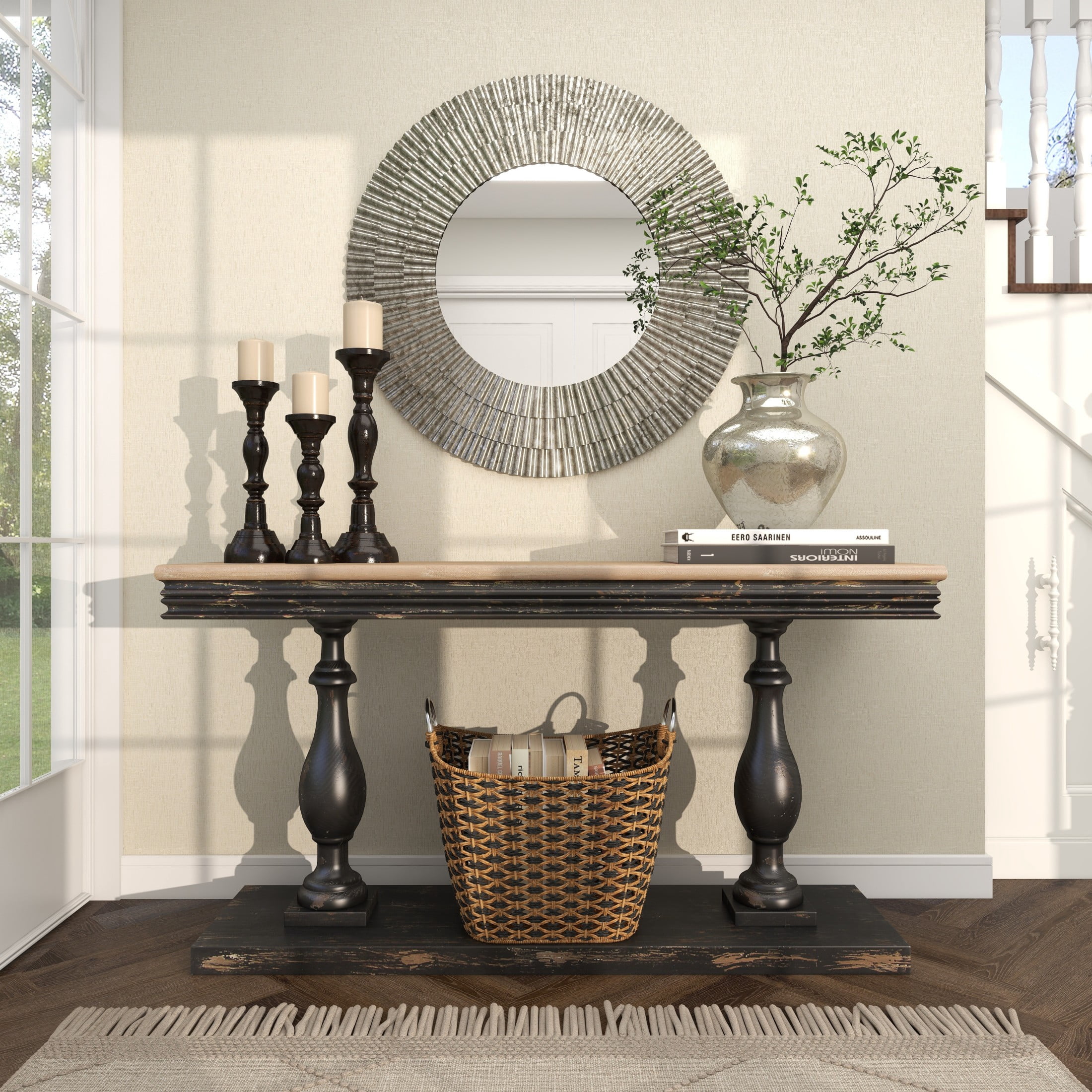 DecMode 37" x 37" Gray Galvanized Layered Ribbed Wall Mirror