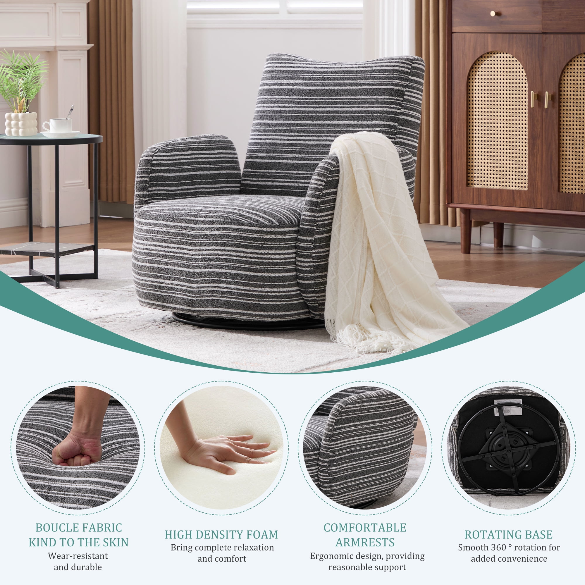 MOONMISS Boucle Upholstered 360°Swivel Fabric Striped Armrest Leisure Chair for Living room-Dark Gray