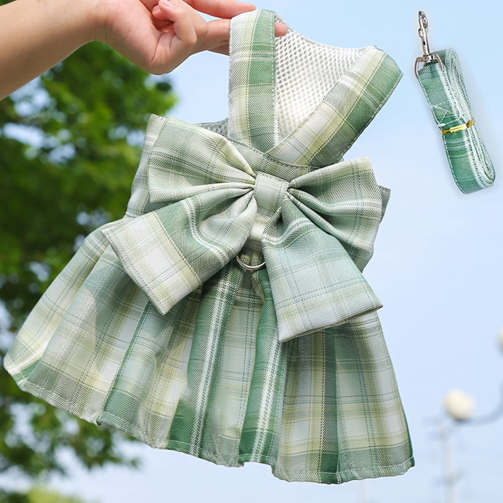BURIBURI Dog Cat Harness with Leash Set, Doggy Dress Plaid Puppy Girl Skirt with Lead Rope, Cute No Pull Comfort Dog Harness Breathable Lightweight Vest Jacket for Rabbits Outdoor Training Walking
