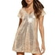 thumbnail image 1 of Vestido mini de manga corta con lentejuelas para mujer: vestido de fiesta brillante con purpurina, poliéster, cuello redondo, dobladillo con volantes, corte holgado, 1 of 8