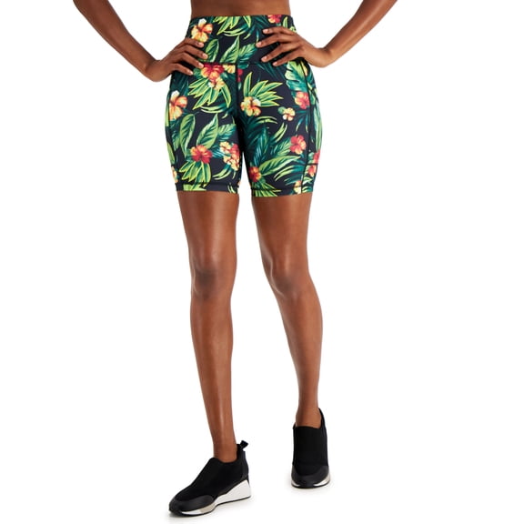 ID Ideology Womens Compression Tropical Print 7 Bike Shorts True Black XS