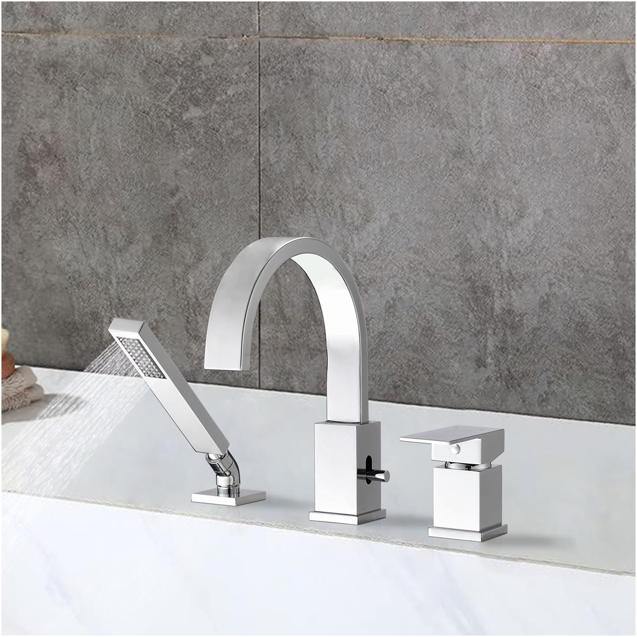 JERFIT Chrome 3-Hole Waterfall Roman Tub Filler Set with Handheld Shower, Deck Mount Stainless Steel Bathtub Faucet