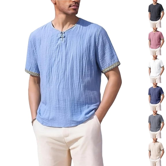 FRSASU Men's Cotton Linen T-Shirts Vintage V Neck Short Sleeve Beach Boho Shirts Casual Lightweight Quick Dry Hippie Tees White-A