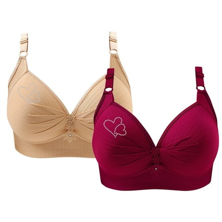 WREESH 2 Pack Push-Up Bras Women Printing Gathered Together Large Size Daily Bra Underwear No Underwire Bras Underwear Red