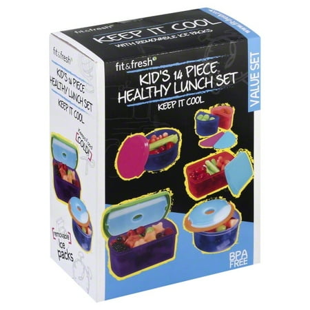 Kids Healthy Lunch Box (Fit & Fresh Kids' Reusable Lunch Box Container Set with Built-In Ice Packs, 14-Piece Healthy Lunch and Snack Kit, BPA-Free Microwave Safe, Portion)