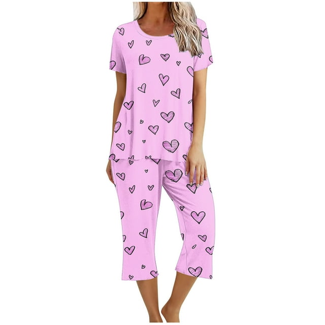 Offres du Jour Liquidation Iumwxz Pyjamas Doux Tendance Ensembles Assortis Pyjamas pour Femmes Imprimé Cœur Col Rond Manches Courtes Taille Élastique Pantalons Raccourcis Ensembles pour Femmes Vêtements d'Extérieur