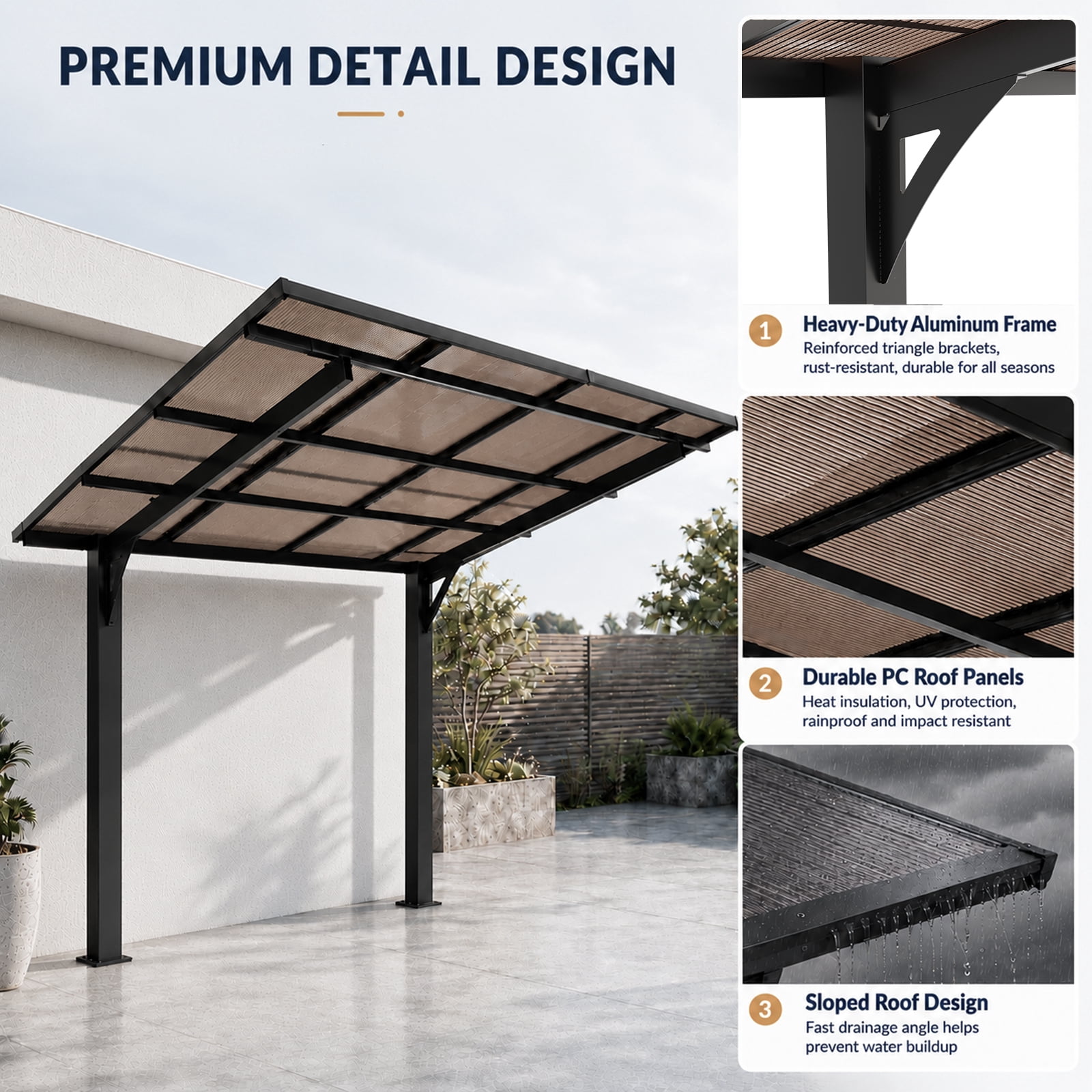 Heavy-Duty 8x8-Foot Outdoor Carport with Galvanized Steel Frame and Sloped PC Roof, Bike and BBQ Storage Shelter for Patio Backyard, Black