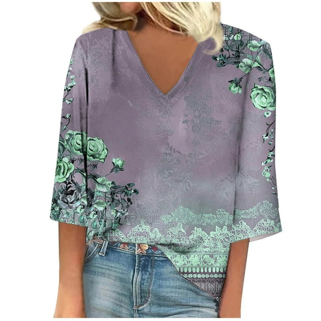 Blusa de Manga Corta Mujeres Cuello en V de Verano Impreso, Top Regular Casual Sexy para el Hogar Y el Uso Diario
