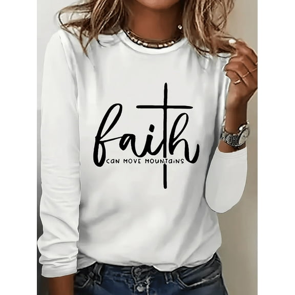 Zukuco Women's Letter Print FAITH Long Sleeve Casual Pullover Sweatshirt Tops Fall Round Neck Tee