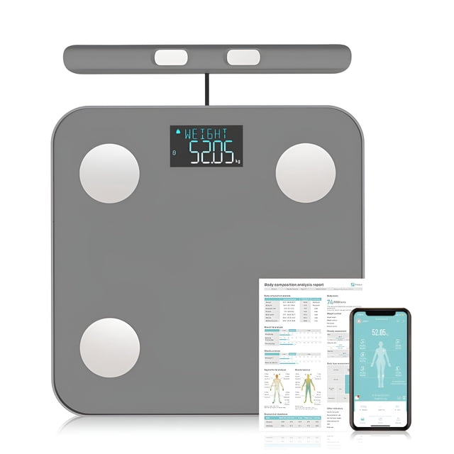 Báscula inteligente Fitdays para grasa corporal | Tecnología avanzada de 8 electrodos para IMC/20+ | LED a todo color y alta precisión | Báscula de baño para fitness y pérdida de peso | (FG2211LB-GREY