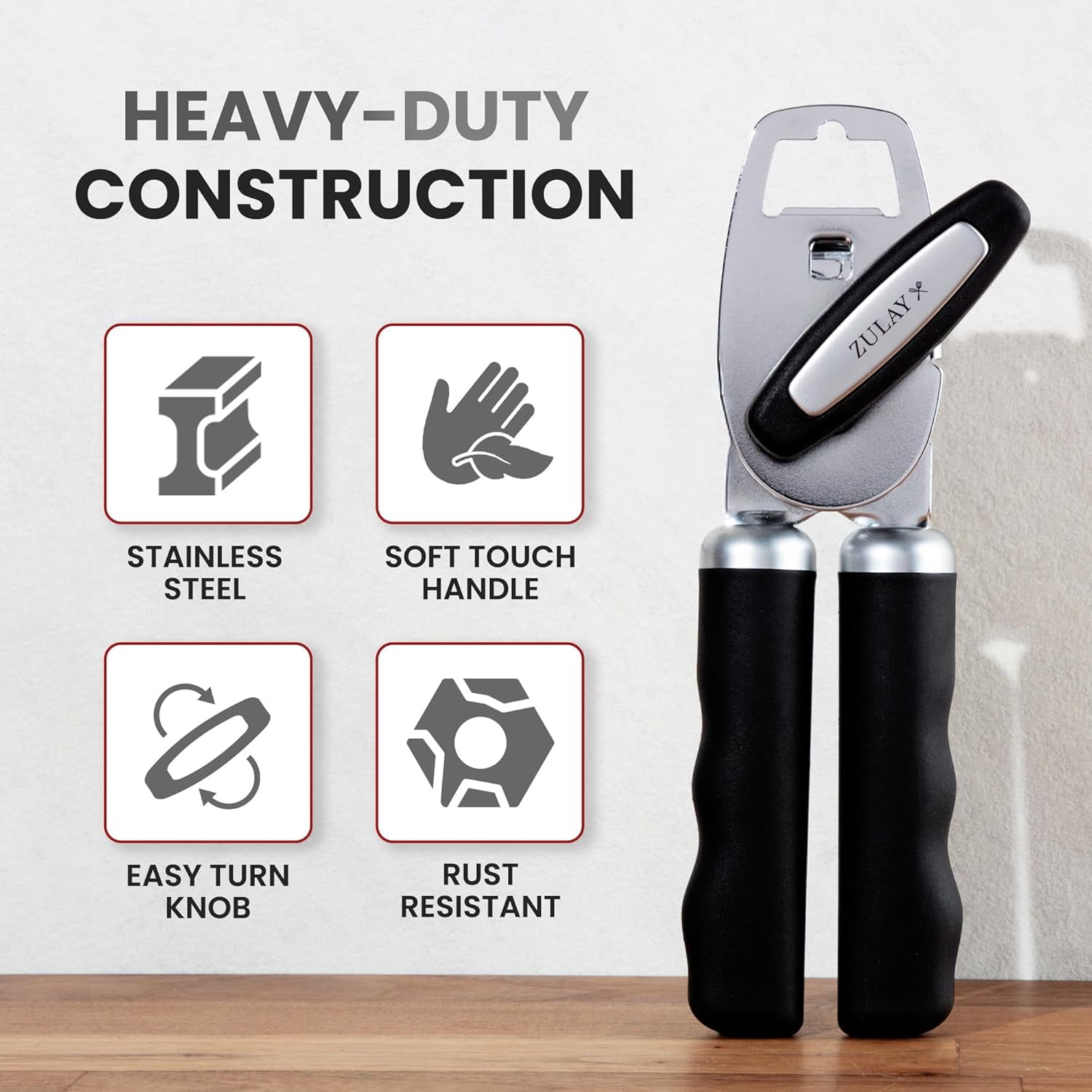 Heavy Duty Stainless Steel Can Opener Manual with Bottle Opener - Rust Proof Manual Can Opener With Turn Knob & Comfy Soft Grip Handles - Black