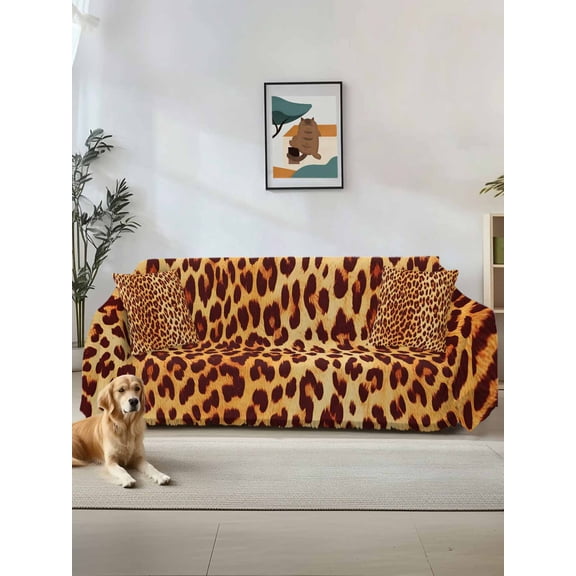 Leopard Texture Print Couch Cover, Orange Yellow Retro Farmhouse Sofa Cover Blanket for Loveseat Couches, Sectional Sofa Slipcover Furniture Protector for Living Room Bedroom 71''x118''