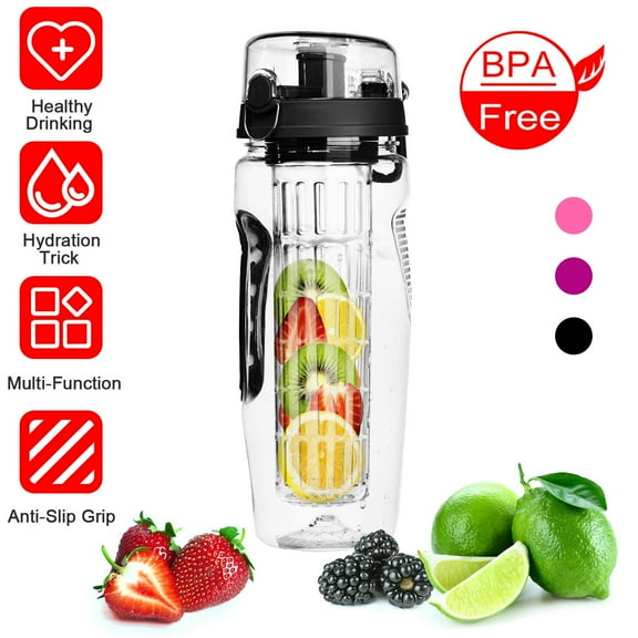 Moclever Fruit Infuser Water Bottle, 32OZ Sport Water Container with Flip Top Lid, Black