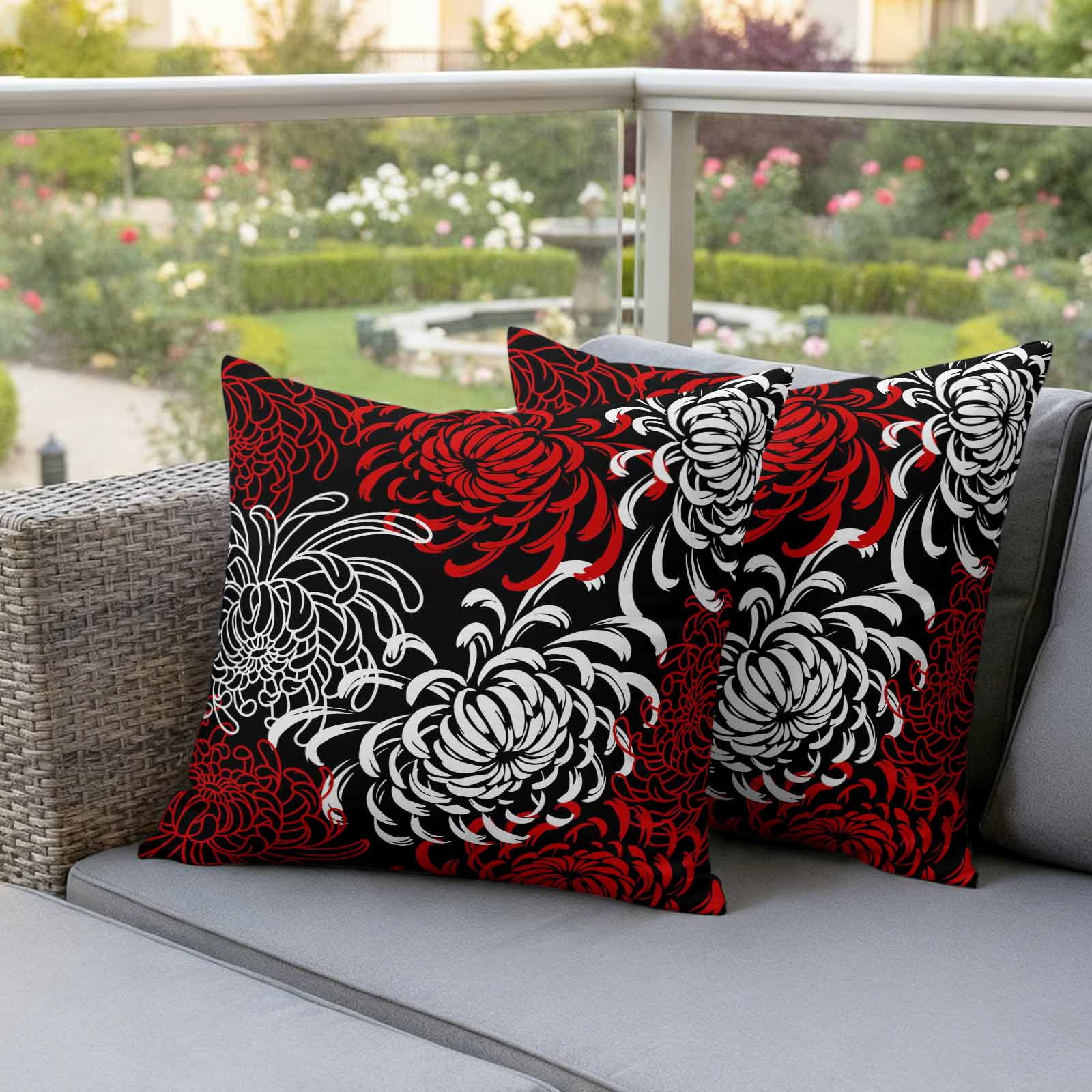 Red White Outdoor Waterproof Pillow Covers, Abstract Black Chrysanthemum Flower Floral Decorative Square Throw Pillowcase Sofa Cushion Sham for Patio/Couch/Chair, 16"x16" 2 Pack
